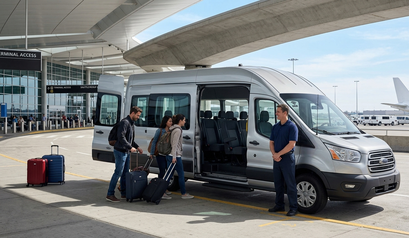 Shared shuttle minibus loading passengers outside LAX terminal for a journey to Downtown Los Angeles